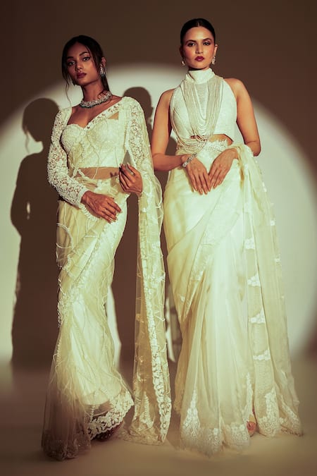 Premya By Manishii_Ivory Tulle, Organza Lace, Pearls, Beads Hand Embroidered Saree With Blouse _Online_at_Aza_Fashions
