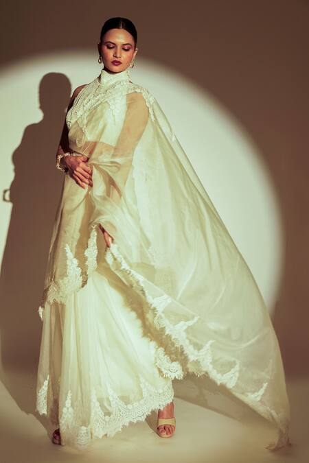 Buy_Premya By Manishii_Ivory Tulle, Organza Lace, Pearls, Beads Hand Embroidered Saree With Blouse _Online_at_Aza_Fashions