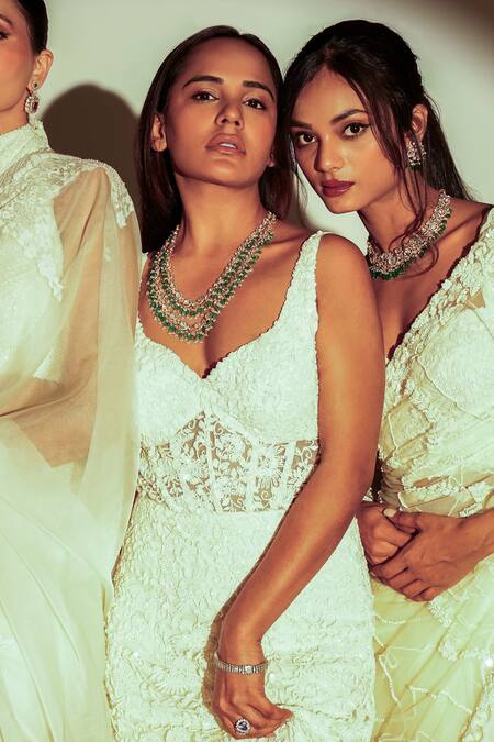 Buy_Premya By Manishii_Ivory Tulle Hand Embroidery Floral Sweetheart Neck Gown _Online_at_Aza_Fashions