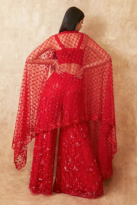 Shop Premya By Manishii Red Tulle Sequins, Cut Work Floral Embroidered Corset Blouse Flared Pant Set at Aza Fashions Shop_Premya By Manishii_Red Tulle Sequins, Cut Work Floral Embroidered Corset Blouse Flared Pant Set _at_Aza_Fashions