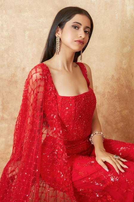 Premya By Manishii Red Tulle Sequins, Cut Work Floral Embroidered Corset Blouse Flared Pant Set Online at Aza Fashions Premya By Manishii_Red Tulle Sequins, Cut Work Floral Embroidered Corset Blouse Flared Pant Set _Online_at_Aza_Fashions