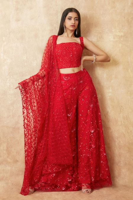 Shop Premya By Manishii Red Tulle Sequins, Cut Work Floral Embroidered Corset Blouse Flared Pant Set Online at Aza Fashions Shop_Premya By Manishii_Red Tulle Sequins, Cut Work Floral Embroidered Corset Blouse Flared Pant Set _Online_at_Aza_Fashions
