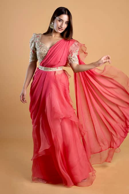 Shop Dajwaree Pink Organza, Georgette Embroidery, Beads, Zinnia Pre-draped Saree With Floral at Aza Fashions Shop_Dajwaree_Pink Organza, Georgette Embroidery, Beads, Zinnia Pre-draped Saree With Floral _at_Aza_Fashions