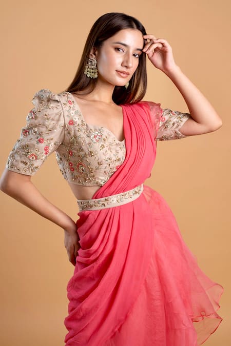Buy Dajwaree Pink Organza, Georgette Embroidery, Beads, Zinnia Pre-draped Saree With Floral Online at Aza Fashions Buy_Dajwaree_Pink Organza, Georgette Embroidery, Beads, Zinnia Pre-draped Saree With Floral _Online_at_Aza_Fashions