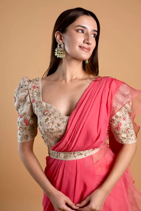 Shop Dajwaree Pink Organza, Georgette Embroidery, Beads, Zinnia Pre-draped Saree With Floral Online at Aza Fashions Shop_Dajwaree_Pink Organza, Georgette Embroidery, Beads, Zinnia Pre-draped Saree With Floral _Online_at_Aza_Fashions