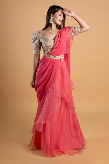 Dajwaree Pink Organza, Georgette Embroidery, Beads, Zinnia Pre-draped Saree With Floral at Aza Fashions Dajwaree_Pink Organza, Georgette Embroidery, Beads, Zinnia Pre-draped Saree With Floral _at_Aza_Fashions