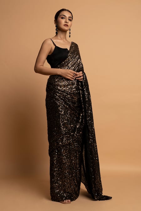 Buy_Dajwaree_Black Silk Sequins Sweetheart Neck Pre-draped Work Saree With Blouse _Online_at_Aza_Fashions