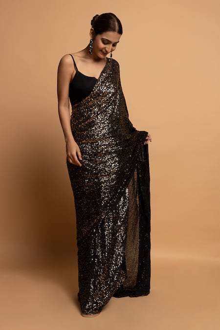 Shop_Dajwaree_Black Silk Sequins Sweetheart Neck Pre-draped Work Saree With Blouse _Online_at_Aza_Fashions