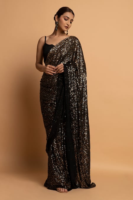 Dajwaree_Black Silk Sequins Sweetheart Neck Pre-draped Work Saree With Blouse _at_Aza_Fashions