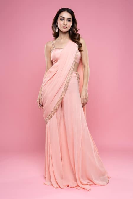 Dajwaree Peach Georgette Placement Hand Embroidery Pre-draped Pant Saree With Blouse