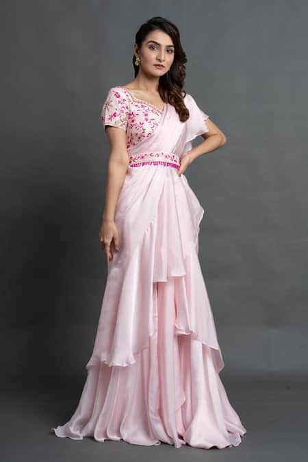 Buy Dajwaree Pink Georgette Embroidery Sweetheart Neck Pre-draped Ruffle Saree With Blouse Online at Aza Fashions Buy_Dajwaree_Pink Georgette Embroidery Sweetheart Neck Pre-draped Ruffle Saree With Blouse _Online_at_Aza_Fashions