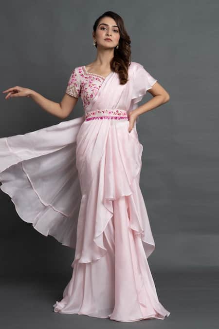 Dajwaree Pink Georgette Embroidery Sweetheart Neck Pre-draped Ruffle Saree With Blouse Online at Aza Fashions Dajwaree_Pink Georgette Embroidery Sweetheart Neck Pre-draped Ruffle Saree With Blouse _Online_at_Aza_Fashions
