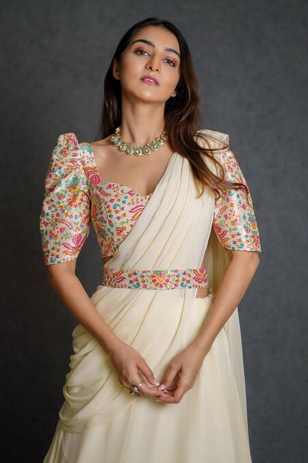Buy_Dajwaree_Cream Georgette, Silk Pre-draped Lehenga Saree With Floral Pattern Blouse _Online_at_Aza_Fashions