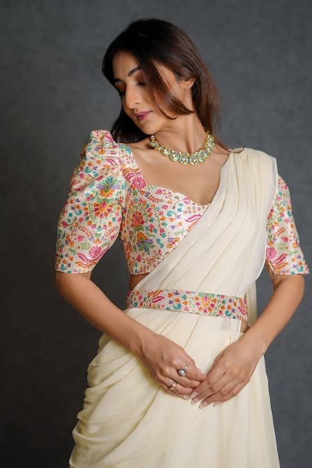 Shop_Dajwaree_Cream Georgette, Silk Pre-draped Lehenga Saree With Floral Pattern Blouse _Online_at_Aza_Fashions