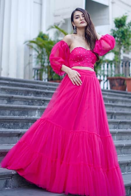 Dajwaree Pink Net Embroidery, Beads Sweetheart Neck Tiered Lehenga Blouse Set Online at Aza Fashions Dajwaree_Pink Net Embroidery, Beads Sweetheart Neck Tiered Lehenga Blouse Set _Online_at_Aza_Fashions