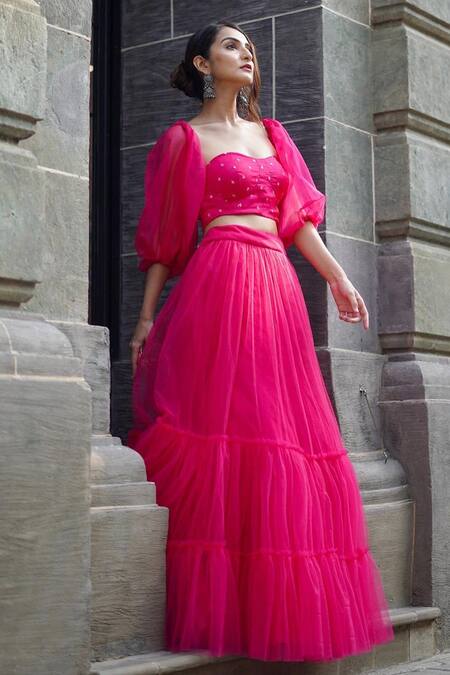 Buy Dajwaree Pink Net Embroidery, Beads Sweetheart Neck Tiered Lehenga Blouse Set Online at Aza Fashions Buy_Dajwaree_Pink Net Embroidery, Beads Sweetheart Neck Tiered Lehenga Blouse Set _Online_at_Aza_Fashions