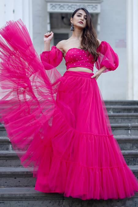 Shop_Dajwaree_Pink Net Embroidery, Beads Sweetheart Neck Tiered Lehenga Blouse Set _Online_at_Aza_Fashions