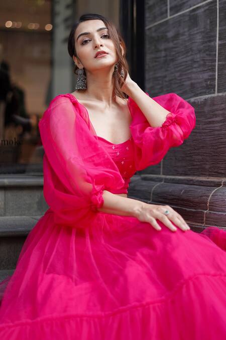 Dajwaree_Pink Net Embroidery, Beads Sweetheart Neck Tiered Lehenga Blouse Set _at_Aza_Fashions