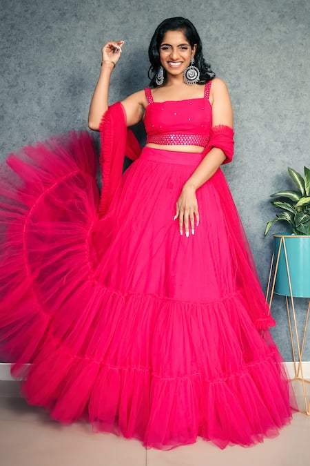 Dajwaree_Pink Net Mirrors Square Neck Tiered Lehenga Work Blouse Set _Online_at_Aza_Fashions