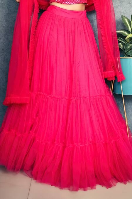 Shop Dajwaree Pink Net Mirrors Square Neck Tiered Lehenga Work Blouse Set Online at Aza Fashions Shop_Dajwaree_Pink Net Mirrors Square Neck Tiered Lehenga Work Blouse Set _Online_at_Aza_Fashions