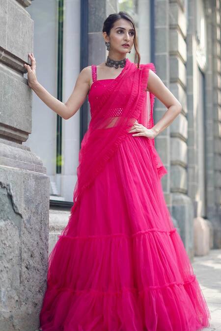 Shop Dajwaree Pink Net Mirrors Square Neck Tiered Lehenga Work Blouse Set Shop_Dajwaree_Pink Net Mirrors Square Neck Tiered Lehenga Work Blouse Set