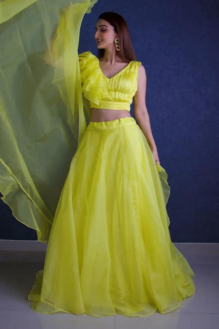 Shop Dajwaree Yellow Organza V-neck Lehenga Ruffled Blouse Set at Aza Fashions Shop_Dajwaree_Yellow Organza V-neck Lehenga Ruffled Blouse Set _at_Aza_Fashions