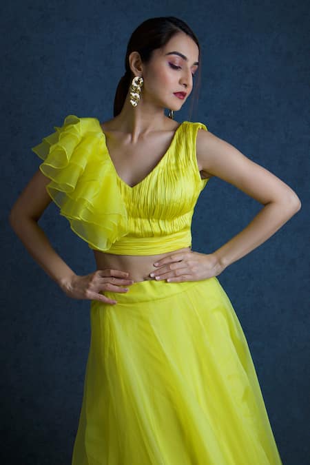 Shop Dajwaree Yellow Organza V-neck Lehenga Ruffled Blouse Set Online at Aza Fashions Shop_Dajwaree_Yellow Organza V-neck Lehenga Ruffled Blouse Set _Online_at_Aza_Fashions