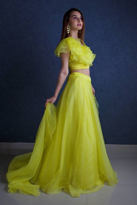 Dajwaree Yellow Organza V-neck Lehenga Ruffled Blouse Set at Aza Fashions Dajwaree_Yellow Organza V-neck Lehenga Ruffled Blouse Set _at_Aza_Fashions