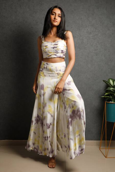 Shop_Dajwaree_Yellow Georgette And Cotton Silk Tie-dye Ruffle Bordered Jacket Tie Dye Pant Set _Online_at_Aza_Fashions