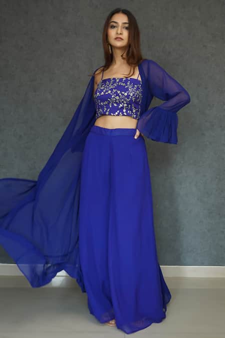 Shop_Dajwaree_Blue Georgette Embroidery Floral Top Square Neck Ruffled Jacket Pant Set _at_Aza_Fashions