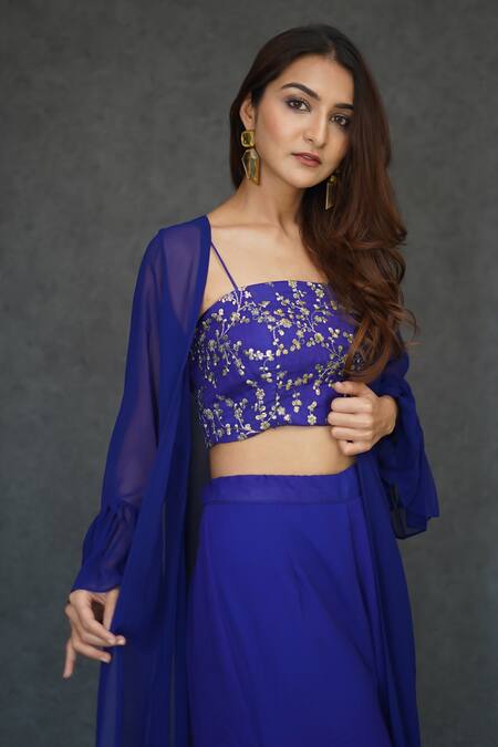 Shop_Dajwaree_Blue Georgette Embroidery Floral Top Square Neck Ruffled Jacket Pant Set _Online_at_Aza_Fashions