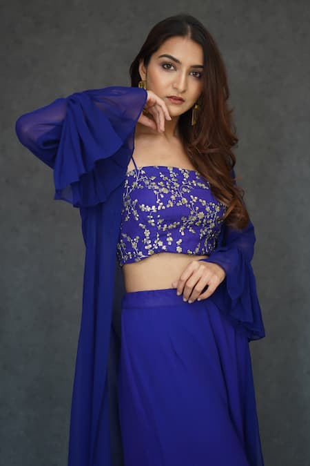 Dajwaree_Blue Georgette Embroidery Floral Top Square Neck Ruffled Jacket Pant Set _at_Aza_Fashions