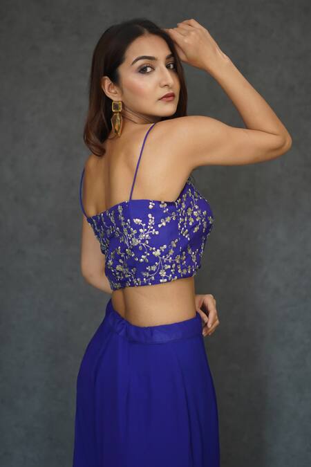 Buy_Dajwaree_Blue Georgette Embroidery Floral Top Square Neck Ruffled Jacket Pant Set 