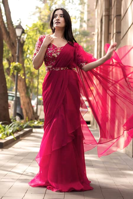 Dajwaree Magenta Organza Embroidered Sequin Sweetheart Petunia Pre-draped Saree Set