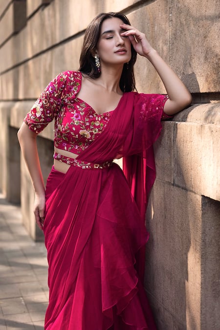 Dajwaree_Magenta Organza, Georgette, Silk Sequins, Pearls, Petunia Pre-draped Saree Set _Online_at_Aza_Fashions