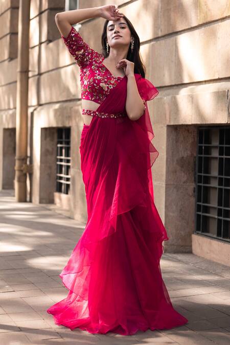 Buy_Dajwaree_Magenta Organza, Georgette, Silk Sequins, Pearls, Petunia Pre-draped Saree Set _Online_at_Aza_Fashions