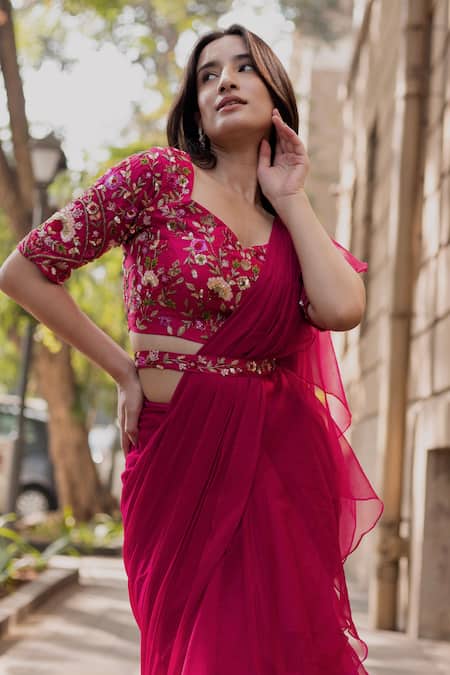 Shop_Dajwaree_Magenta Organza, Georgette, Silk Sequins, Pearls, Petunia Pre-draped Saree Set _Online_at_Aza_Fashions