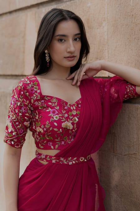 Dajwaree_Magenta Organza, Georgette, Silk Sequins, Pearls, Petunia Pre-draped Saree Set _at_Aza_Fashions