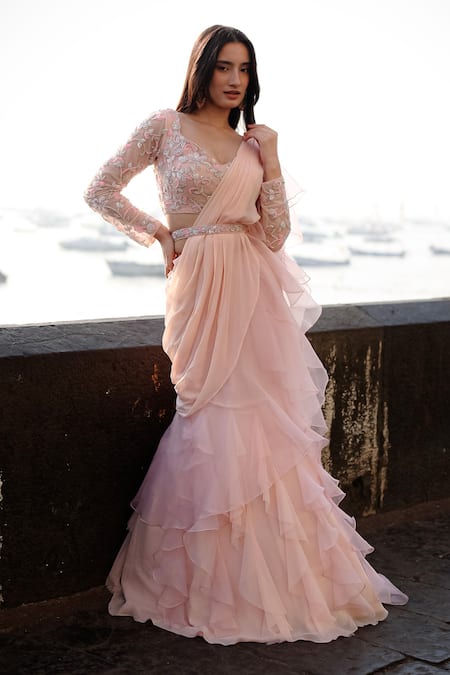 Buy_Dajwaree_Peach Organza, Satin, Net Cut Work, Tiffany Ruffled Pre-draped Saree Set _Online_at_Aza_Fashions