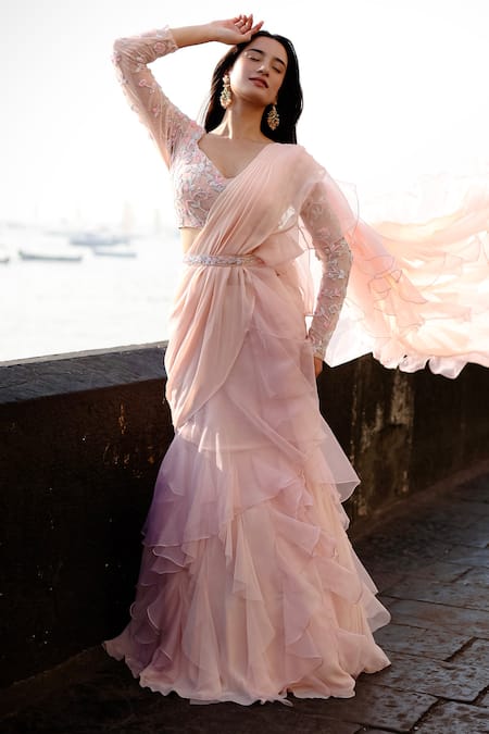 Shop_Dajwaree_Peach Organza, Satin, Net Cut Work, Tiffany Ruffled Pre-draped Saree Set _Online_at_Aza_Fashions