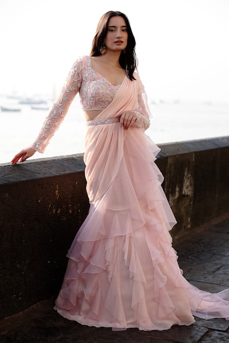 Dajwaree Tiffany Organza Ruffled Pre-Draped Saree Set 
