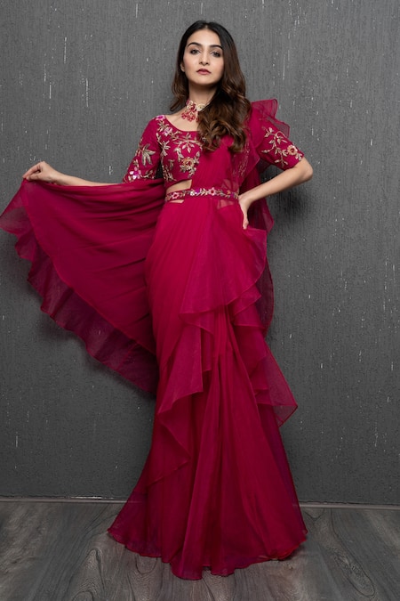 Dajwaree Rose Pre-Draped Ruffled Saree With Embroidered Blouse 