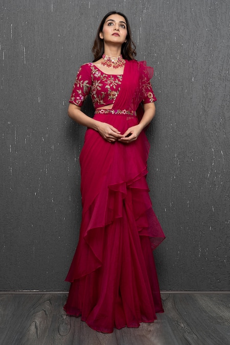 Buy_Dajwaree_Pink Silk, Organza Beads, Cut Work, Pre-draped Ruffled Saree Set With Belt _Online_at_Aza_Fashions