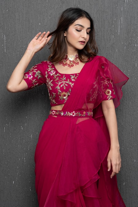 Dajwaree_Pink Silk, Organza Beads, Cut Work, Pre-draped Ruffled Saree Set With Belt _at_Aza_Fashions