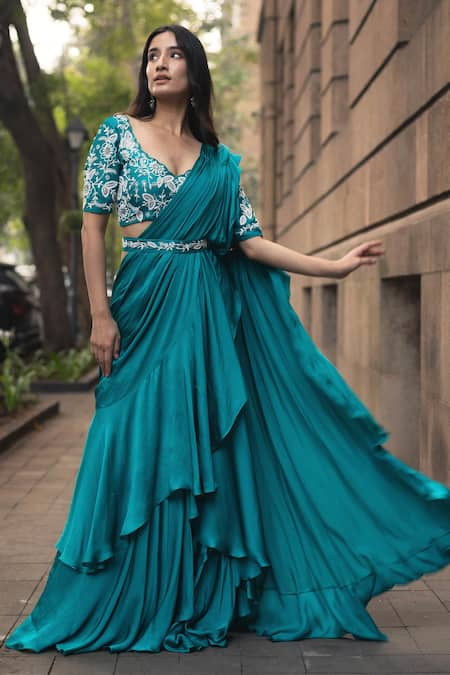 Dajwaree Blue Satin Georgette Aprajita Pre-draped Saree With Floral Cutwork Blouse 