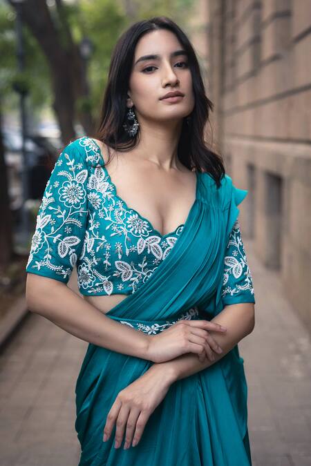 Buy_Dajwaree_Blue Satin, Georgette, Silk Beads, Aprajita Pre-draped Saree With Floral Blouse _Online_at_Aza_Fashions