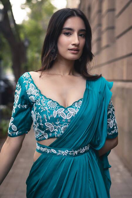 Shop_Dajwaree_Blue Satin, Georgette, Silk Beads, Aprajita Pre-draped Saree With Floral Blouse _Online_at_Aza_Fashions