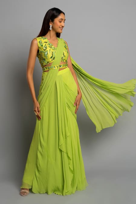 Dajwaree Green Georgette Embroidered Anastasia Pre-draped Saree With Floral Blouse 