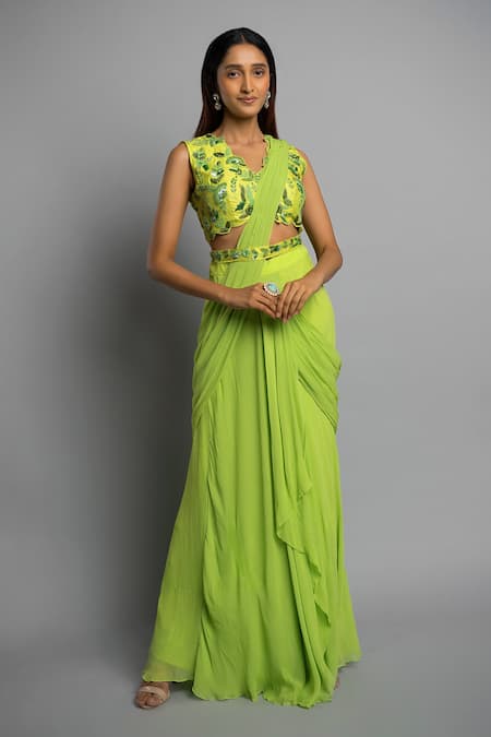 Dajwaree Green Silk, Georgette Cut Work Anastasia Pre-draped Saree With Floral Blouse Online at Aza Fashions Dajwaree_Green Silk, Georgette Cut Work Anastasia Pre-draped Saree With Floral Blouse _Online_at_Aza_Fashions