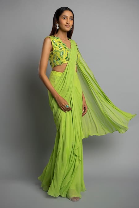 Buy Dajwaree Green Silk, Georgette Cut Work Anastasia Pre-draped Saree With Floral Blouse Online at Aza Fashions Buy_Dajwaree_Green Silk, Georgette Cut Work Anastasia Pre-draped Saree With Floral Blouse _Online_at_Aza_Fashions